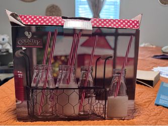 Glass “milk jug” with straws in box never used