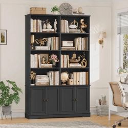 73'' Bookcase and Bookshelves with Doors, Double Wide Wood Display Bookshelves for Living Room Home Office, Black
