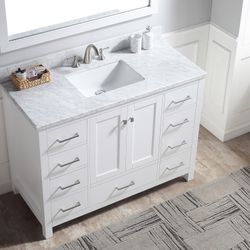 48”white single sink bathroom vanity with carrara white marble stone top