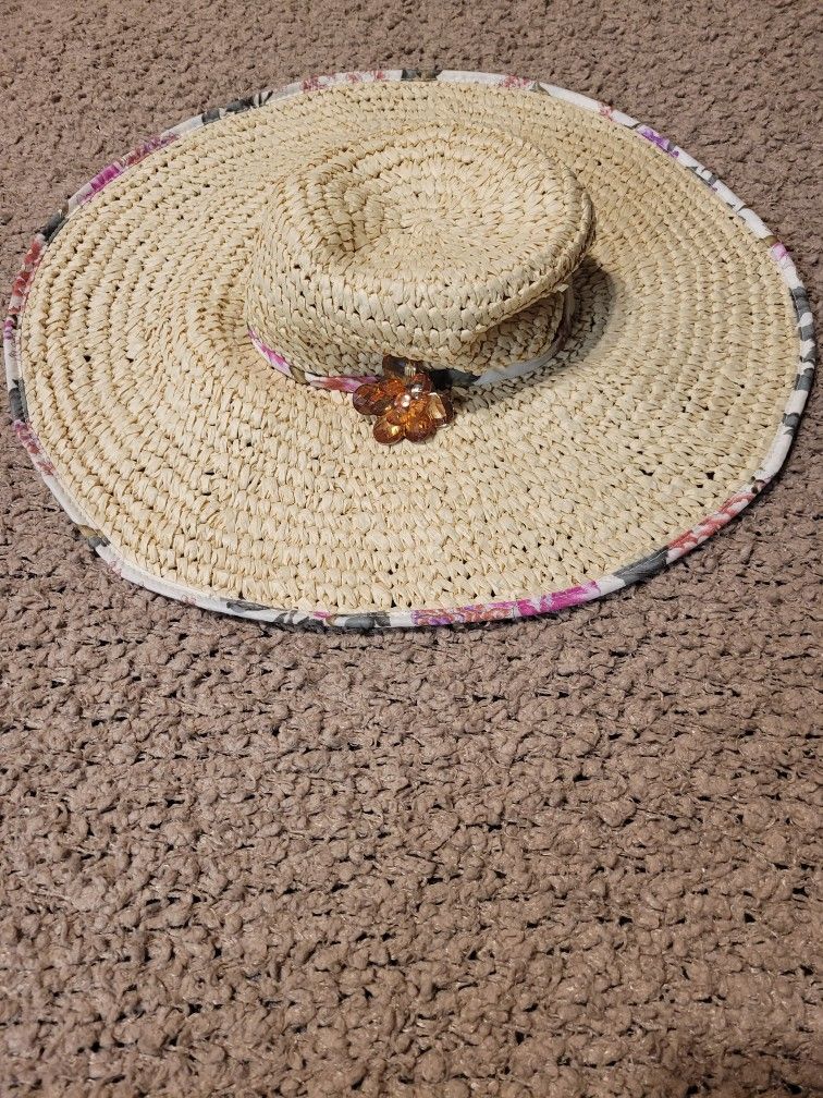 WOMENS AUGUST STRAW HAT WIDE BRIM KHAKI WITH PINK FLOWER
