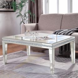 Silver Mirrored Coffee Table, Rectangle Living Room Tables with Crystal Inlay, Gorgeous Modern Mirror Coffee Table Mirrored Furniture for Living Room,