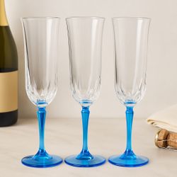 St. George USA 1980s 3 Cut Glass Aquamarine Stem Champagne Flutes, 8.5x2.25”