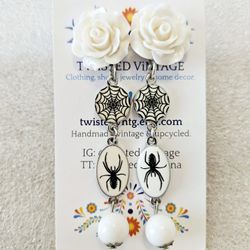 Black Widow Lady Spider Romantic White Rose Long Cameo Halloween Earrings