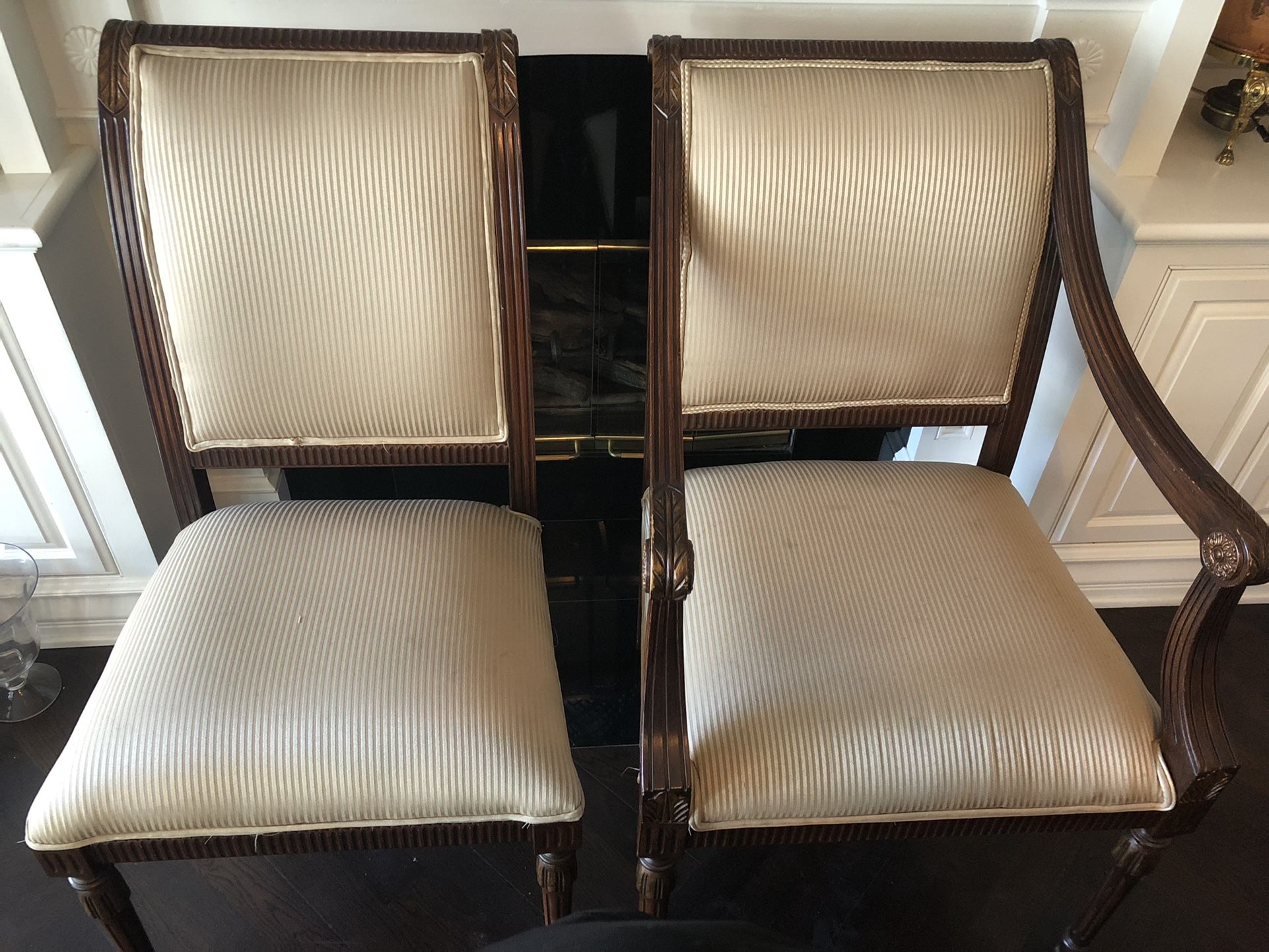 Set of 8 Gold Pinstripe Wood Frame Italian Design Dining Chairs – 6 Side Chairs and 2 Arm Chairs - PRICE DROP