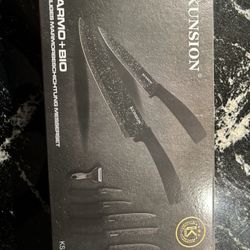 Marmo Bio 6 Piece Knife Set, Black Marble Coating, Stainless Steel with PP Handle, Chef Bread Slicer Utility Paring Knives and Peeler 