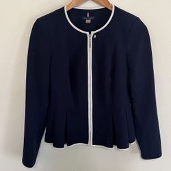 Tommy Hilfiger Navy Contrast White Trim Peplum Front Zip Blazer Size 4