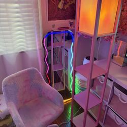 Pink Room Decor Bundle—LED Mirror, Swivel Kids Chair, Pink Shelf Floor Lamp