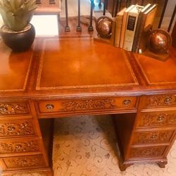 Mahogany Twin Pedestal English Desk W/ Inlaid Tooled leather top