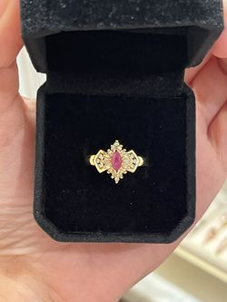 Vintage 14K Gold Ruby & Diamond Ring – 1980s Art Deco-Inspired Design (size 7)