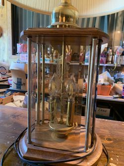 Vintage Don Ward style oak wood and etched glass panel table lamp