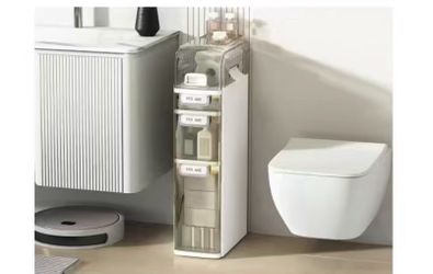 3 Tier Slim Bathroom Storage Cabinet, Narrow Organizer with Wheels and Toilet Paper Holder, Waterproof, No Assembly Required, Perfect for Small Spaces