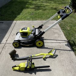 Ryobi Lawn Tools (mower + trimmer + chainsaw + batteries + chargers)