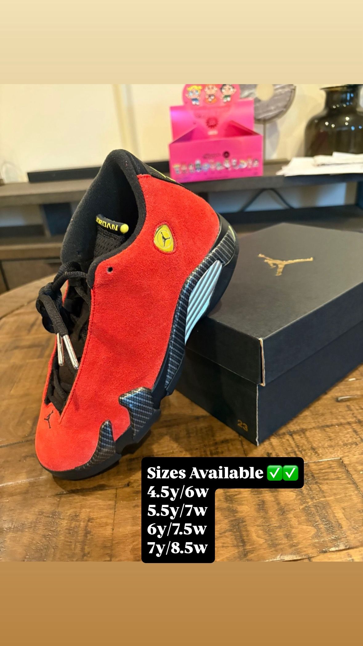 Air Jordan 14 Ferrari GS sizes 4.5y, 5.5y,6y, 7y