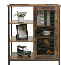 Free Standing Storage Cabinet with 3 Open and Closed Shelves with Iron Net and Wooden Handle, Rustic Brown