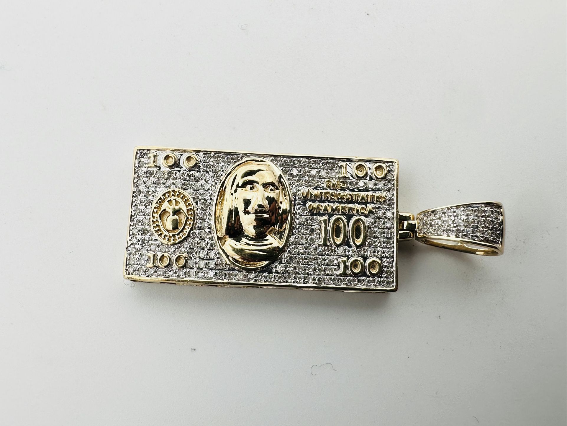 10k White and Yellow Gold & Diamond 100 Dollar Bill Pendant