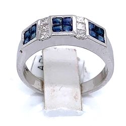 0.85 TCW Sapphires & 0.60 TCW Princess cut diamond ring in solid 14k White Gold