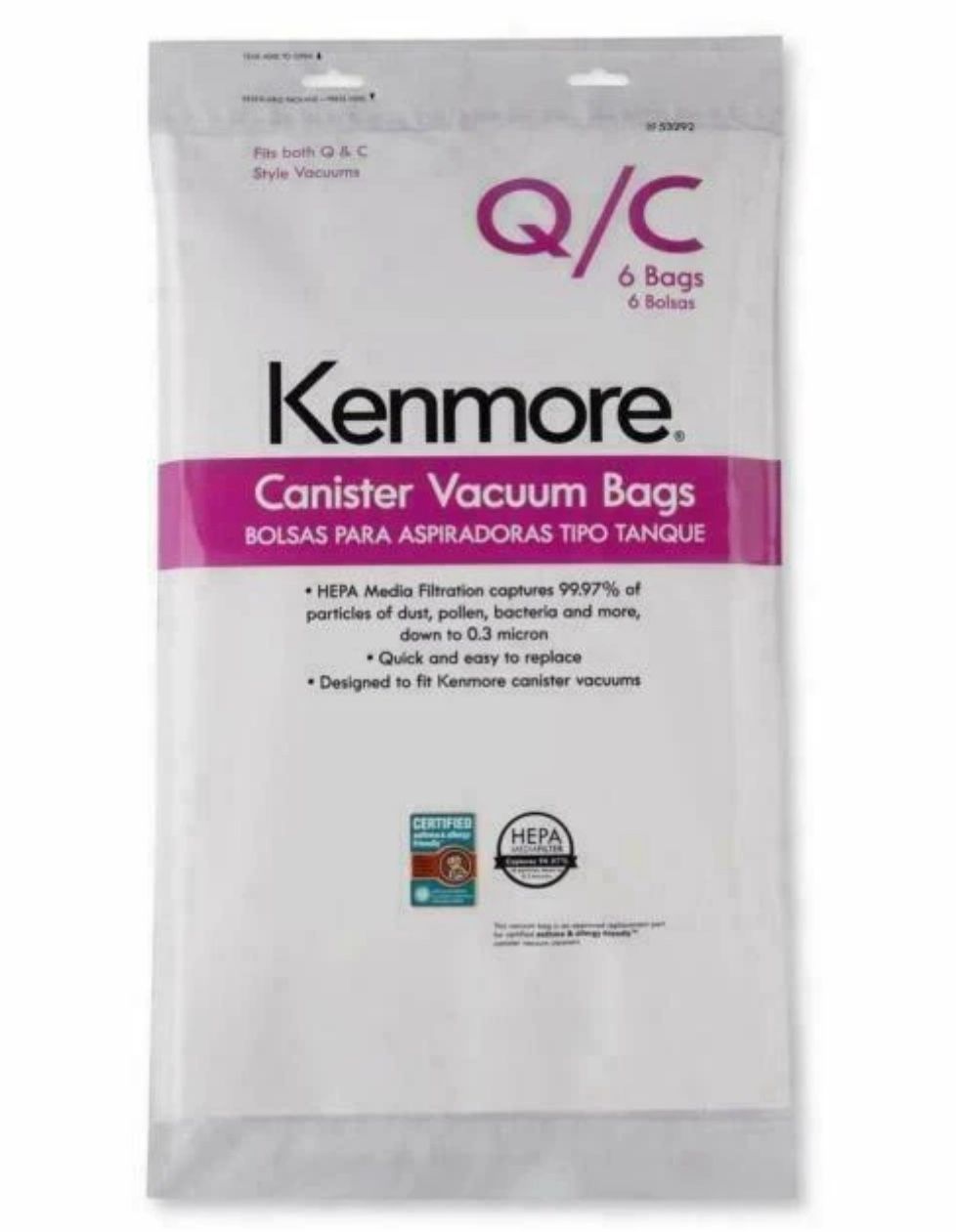 6 Bags Kenmore Type Q/C HEPA Vacuum Bags Style 5055 20-50(contact info removed)7 53292 1 Pack