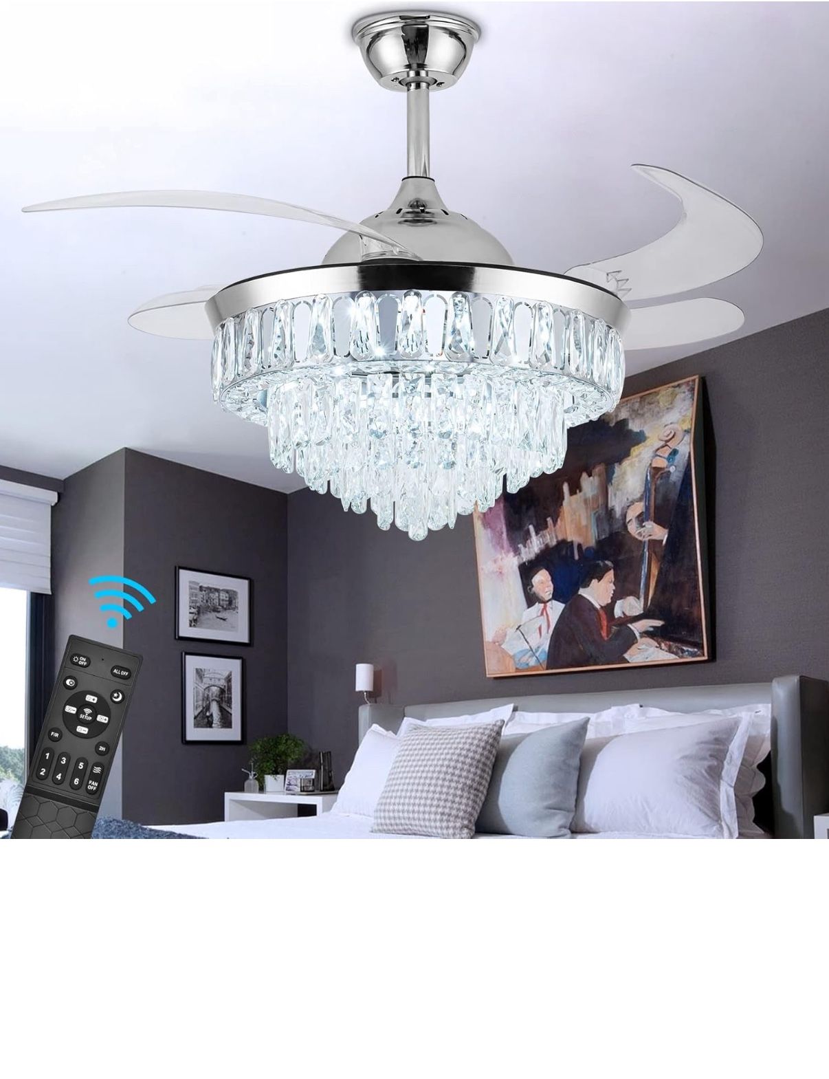 Crystal Ceiling Fan with Light,42Inch Luxury Fandelier, Modern Stepless Dimmable Chandelier Ceiling Fan 6 Speeds Retractable Ceiling Fan Indoor for Be