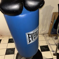 Blue Everlast punching bag with gloves.