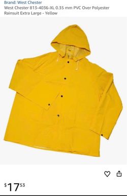 Brand: West Chester West Chester (contact info removed)-XL 0.35 mm PVC Over Polyester Rainsuit Extra Large - Yellow - available 20 pieces $10 each 2