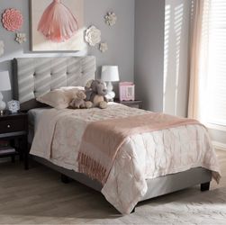 Twin Upholstered Bed Frame + Mattress – Light Gray – Excellent Condition