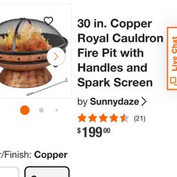 30" Copper Firebowl Fire Pit With Handles And Screen. NEW In Box