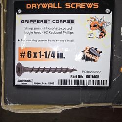 GRIPPERS COARSE 
Sharp point - Phosphate coated 
Bugle head -#2 Reduced Phillips 
For attaching gypsum board to wood studs 
# 6 X1-1/4 in 
FREEP 
PO 
