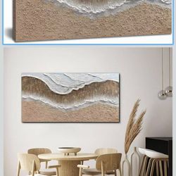 Large Coastal Canvas Wall Art for Living Room 20x40 Inch Hand Painted White Ocean Textured Seascape Oil Painting Beach Artwork for Bedroom Office Home