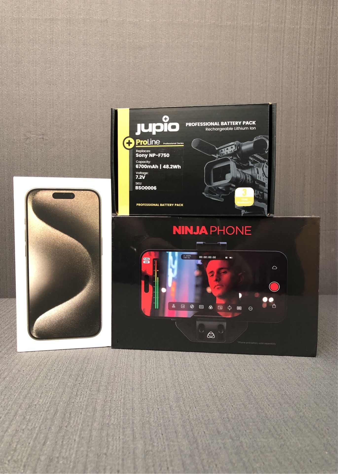 Atomos Ninja Phone Video Co-Processor, iPhone 15 Pro 256GB And Jupio NP-F750 Bundle