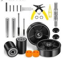 New PTH50 For Crown Pallet Jack Wheels Full Set with Axles, Pair of Steering Wheels 7" x 2" and Front Load Roller 2.76"x 3.74" with Bearings ID 20mm, 