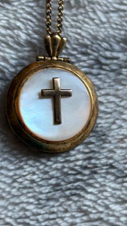 vintage-style 12k gold filled necklace features a hexagonal-shaped pendant with a mother-of-pearl Lockett necklace