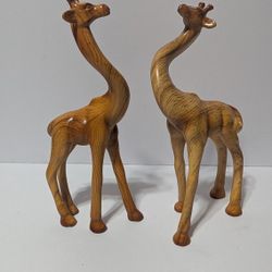Pair of Hand-Carved Wooden Giraffe Statues - 9.5" Tall African Art Decor

