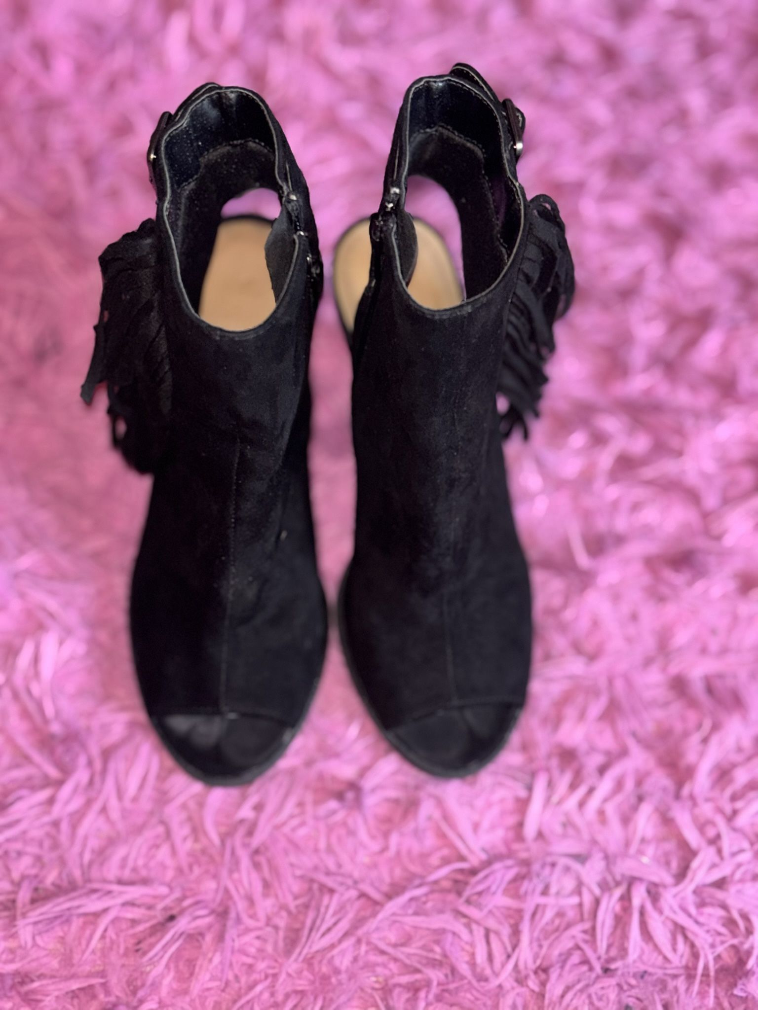 Black Peep Toe Fringe Bootie
