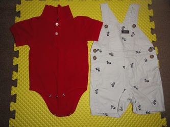 18 Months Boys IZOD Red Onesie and Tan Racing Car Overalls Short Set
