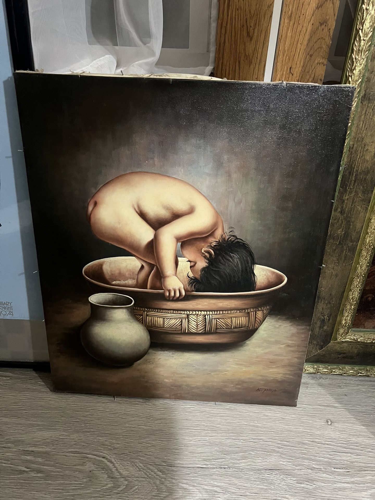 Beautiful native baby boy in basket signed by K Mills Giclee