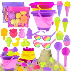Brandnew  Collapsible Beach Toys for Kids, Ice Cream Sand Toys Set for Toddlers, with Collapsible Beach Bucket, Shovels Set, Sand Molds, Mesh Beach Ba