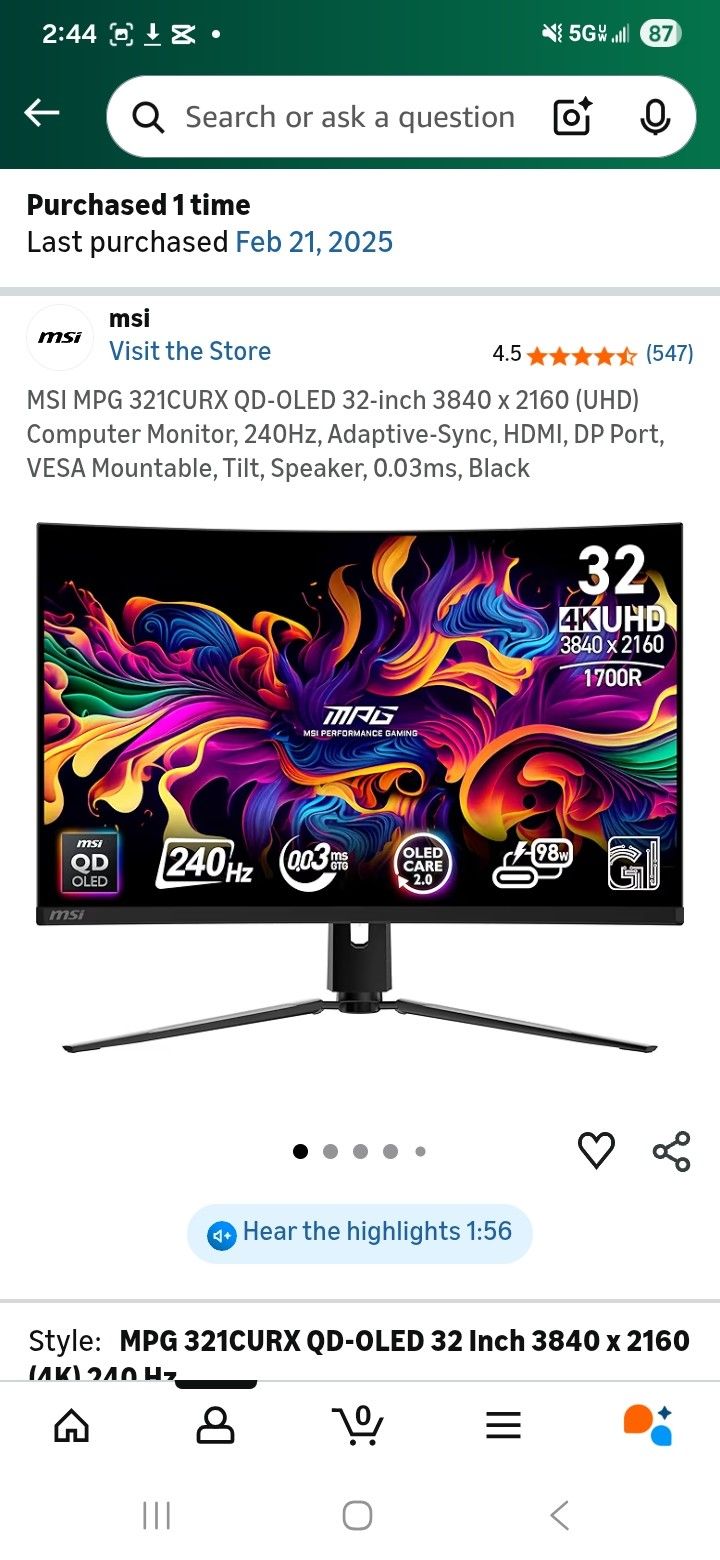 MSI MPG 321CURX QD-OLED 32-inch 3840 x 2160 UHD