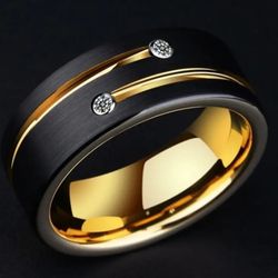 Men's 8mm Tungsten Black Gold Brushed & Grooved Cubic Zirconia Comfort-Fit Wedding Band