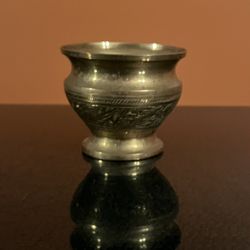 Vintage Etched Small Round Brass Pot Hand Crafted in India 3.25” Wide 2.75” Tall