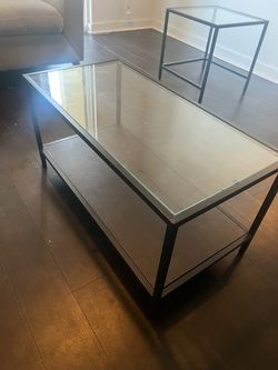 Modern Glass Coffee Table & Matching End Table Set – Black Metal Frame
