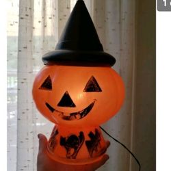 Rare Vintage Halloween Blow Mold Jack O Lantern Pumpkin Wearing Witch Hat Bat Cat Base