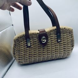 Vintage Rattan Wicker Purse Leather Straps 