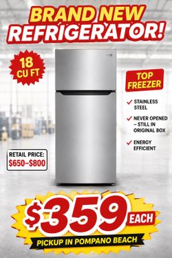NEW FRIGIDAIRE 18 CU FT STAINLESS REFRIGERATOR - $359