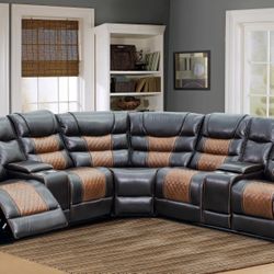 2-Tone Brown Leather Recliner Sectional 