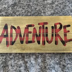 Adventure Wooden Plaque w/ Red Buffalo Plaid Colors 12” x 6” x 2”