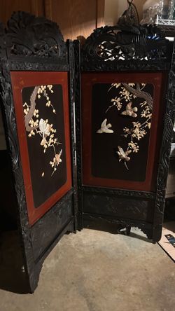 Vintage Asian Carved Folding Screen / Room Divider.