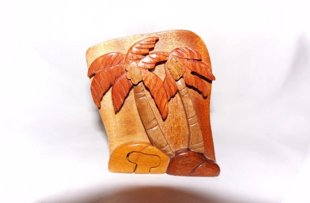 Palm Trees Secret 3D Wooden Puzzle Jewelry Box, Trinket Stash, Hand Carved