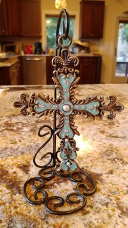 Tiffany Blue Enamel Pearl and rhinestone cross with stand in woven gift sacks... new.. 3 left