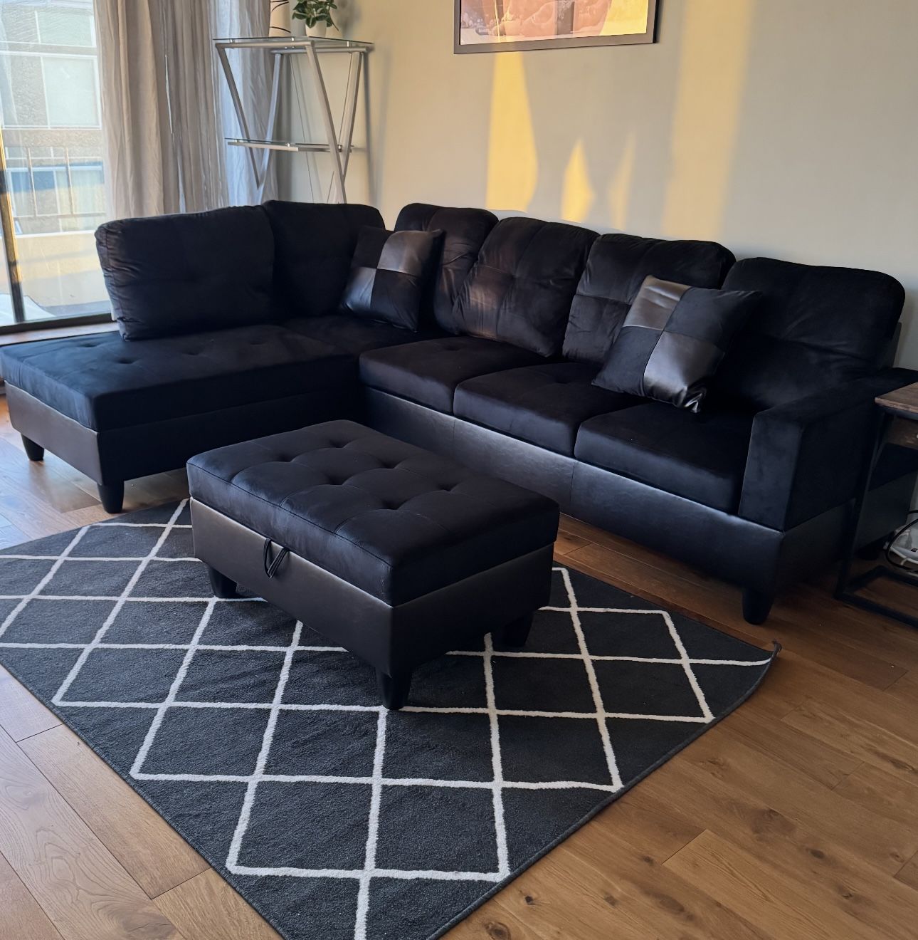 Midnight Black Microfiber Sectional Couch And Ottoma