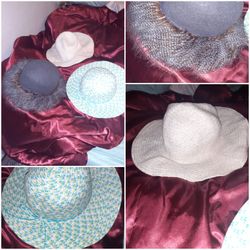 Collection of vintage hats and Beach hats one with matching vintage sweater vest.